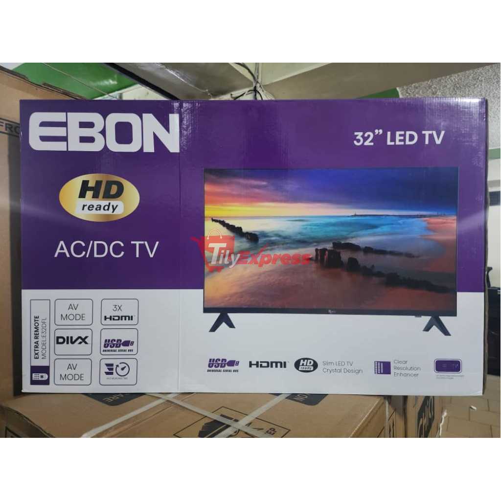 EBON 32-Inch Digital TV E32DFL; Frameless, HD- ready LED TV, 2- Remote Controls, AC/DC, 3-HDMI Ports, USB, Inbuilt Free To Air Decoder - Black