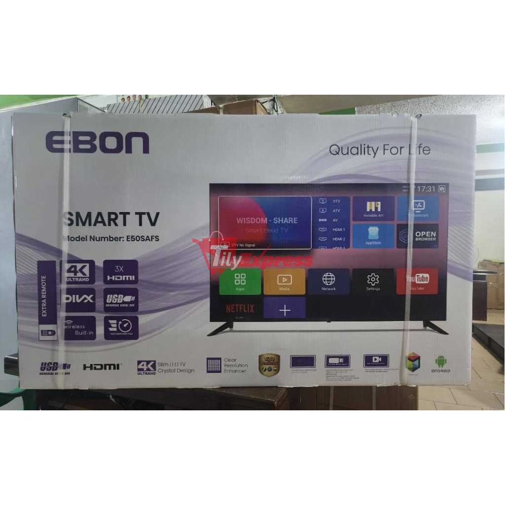 EBON 50-Inch Smart TV UHD 4K E50SAFS; Android LED TV, 2- Remote Controls, WiFi, 3- HDMI Ports, USB, Inbuilt Free To Air Decoder - Black