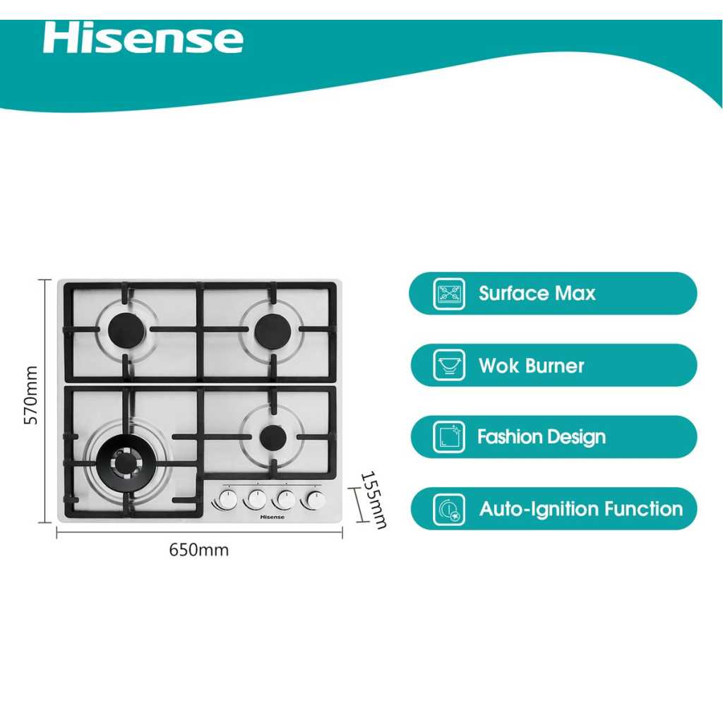 Hisense 58cm Built-In Gas Hob HHU60GAGR, 4 Gas Burners, Auto Ignition, Cast Iron Pan Supports, Gas Cooker