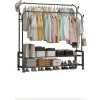 Carbon Steel Double Pole Coat Rack Indoor Bedroom Clothes drying Rail Balcony Hanging Clothes Shoes Rack Standing Storage Organizer With Hooks- Multicolor