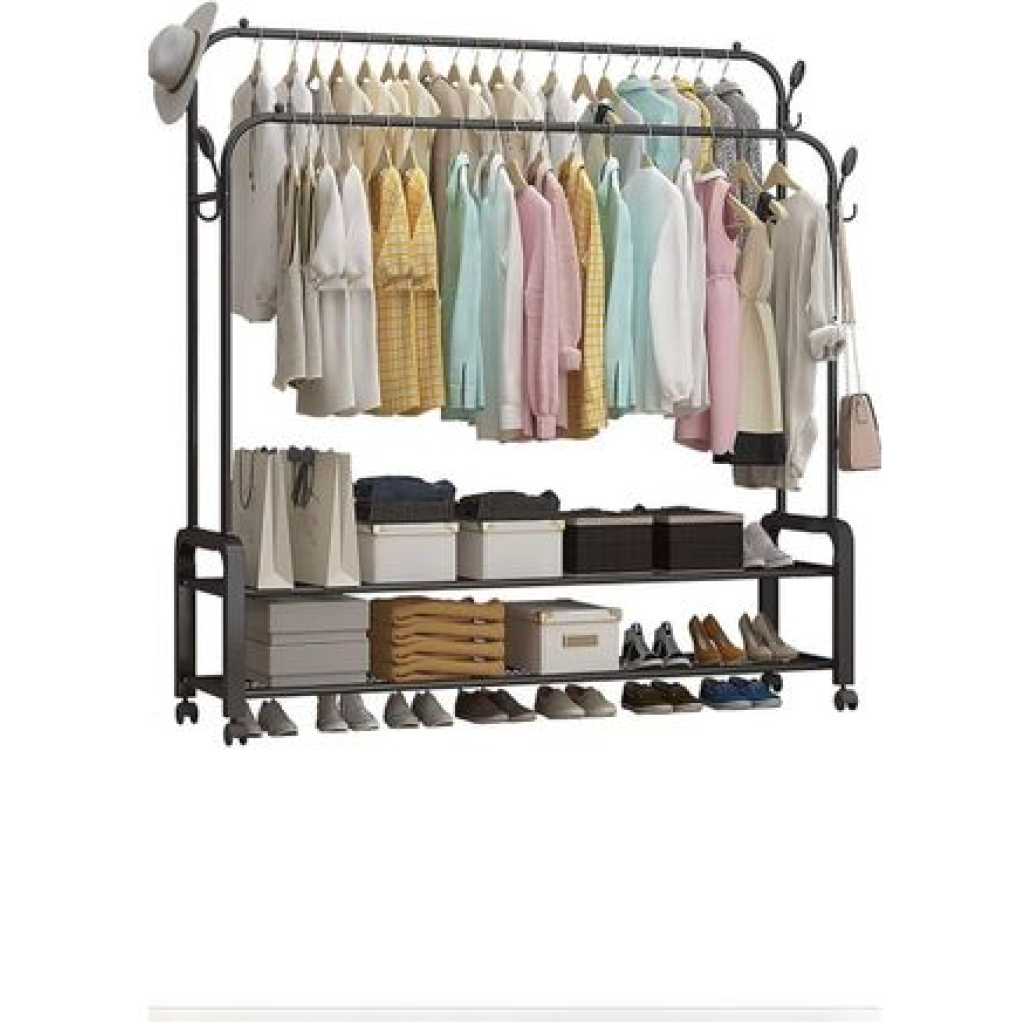 Carbon Steel Double Pole Coat Rack Indoor Bedroom Clothes drying Rail Balcony Hanging Clothes Shoes Rack Standing Storage Organizer With Hooks- Multicolor