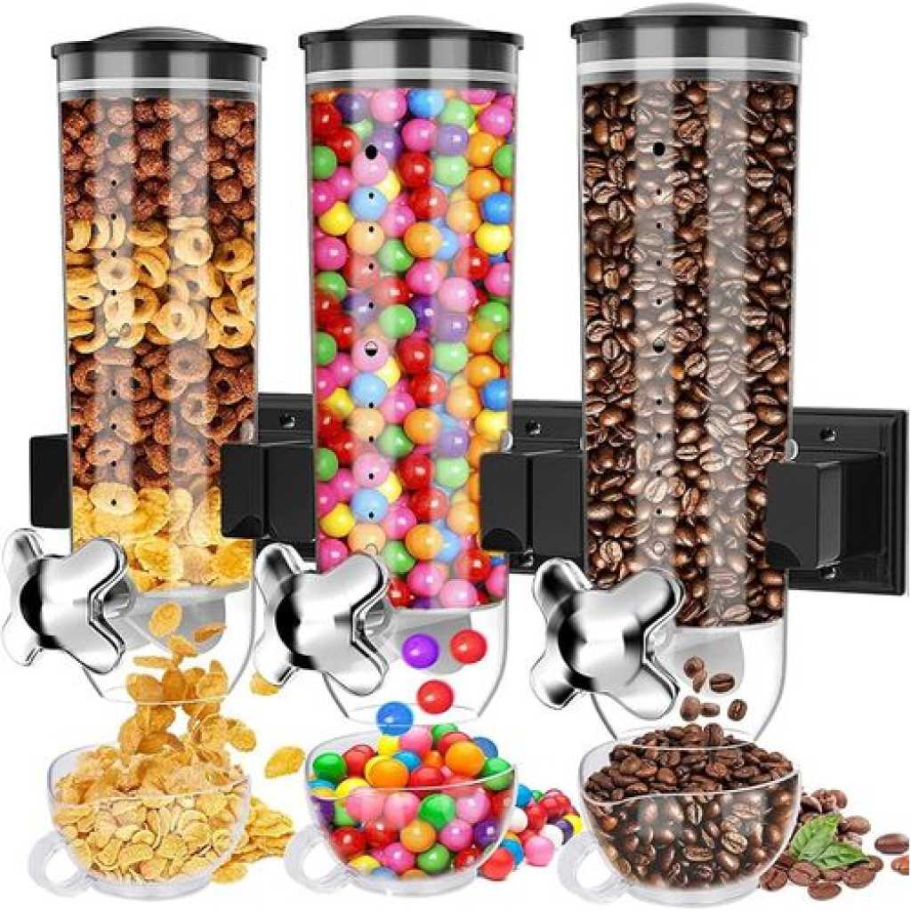 Cereal Dispenser Wall Mounted, Triple Dry Food Dispensers, Grain Dispenser Wall Mount Candy Dispenser, Snack Dispenser for Store Oatmeal Coffee Bean Nuts, Wall Kitchen Food Container with 3 Cups, 4.5L- Clear