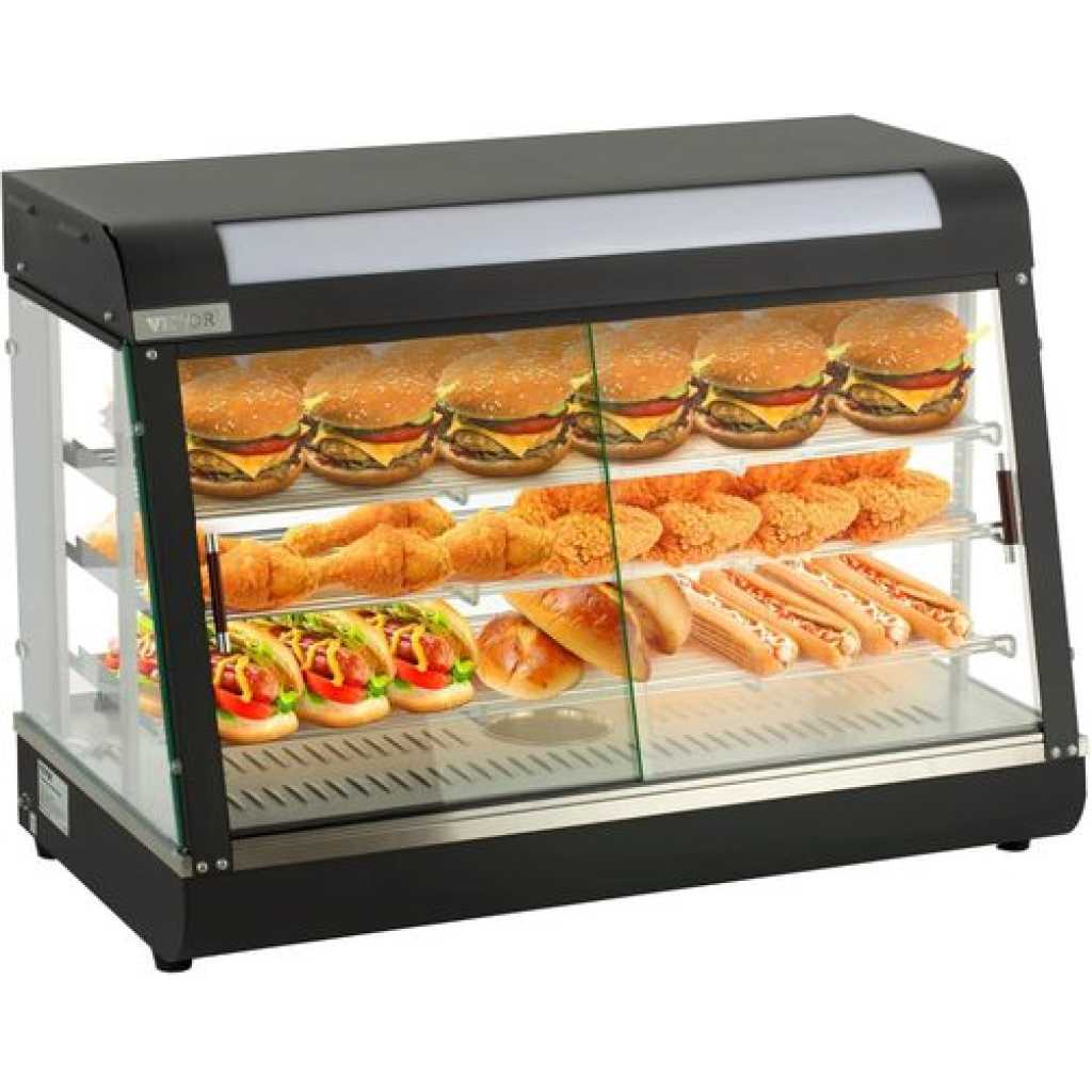 66*45*68CM Countertop Food Warmer Display Case 3 Shelf Hot Warming Showcase with Front and Back Sliding Door and Water Tray- Black