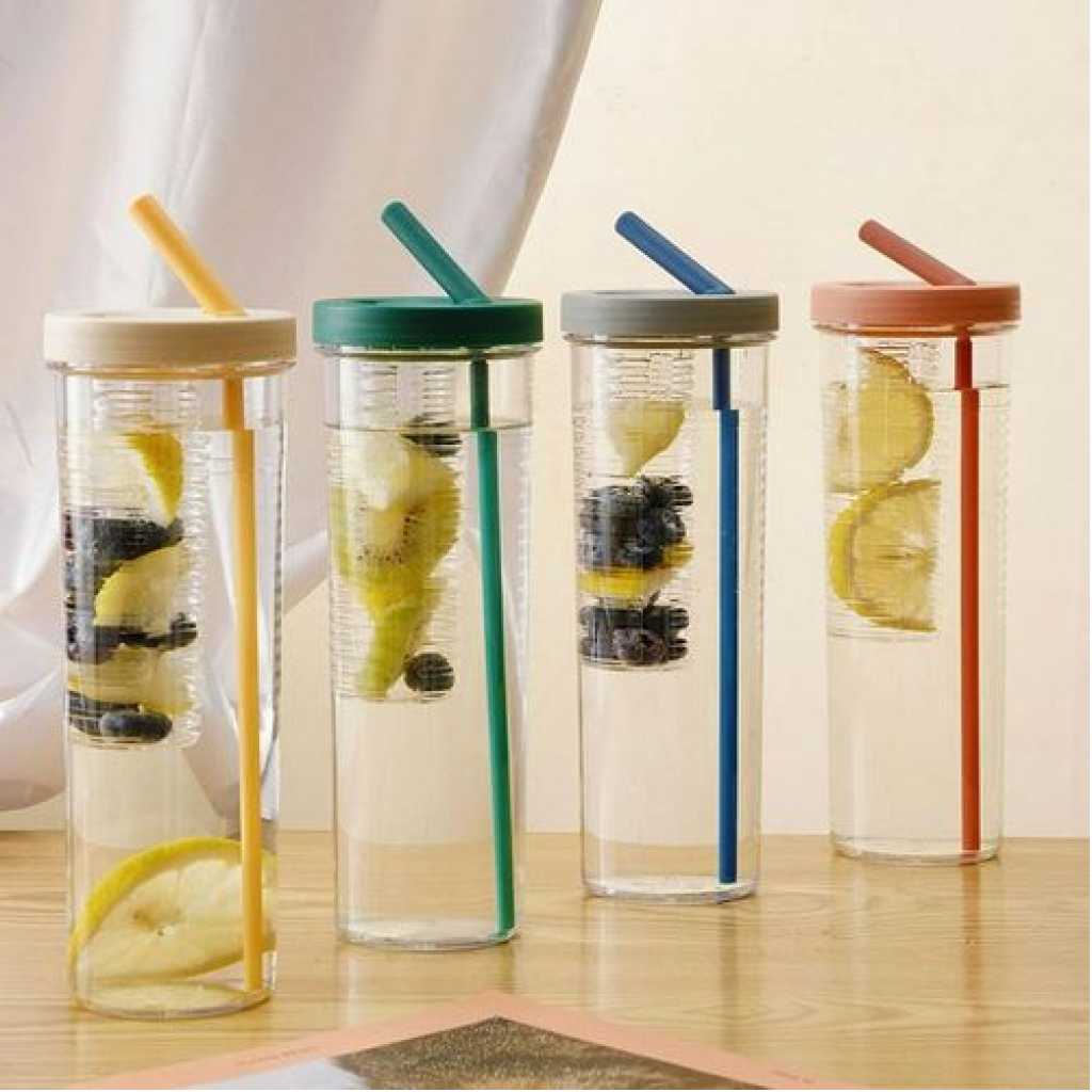 1 Piece Of Folding Straw Cup With Lid Transparent Reusable Tumbler Plastic Juice Milk Water Coffee Leakproof Plastic Cold Portable Juice Cup Lemon Filter Cute Drinking Bottle