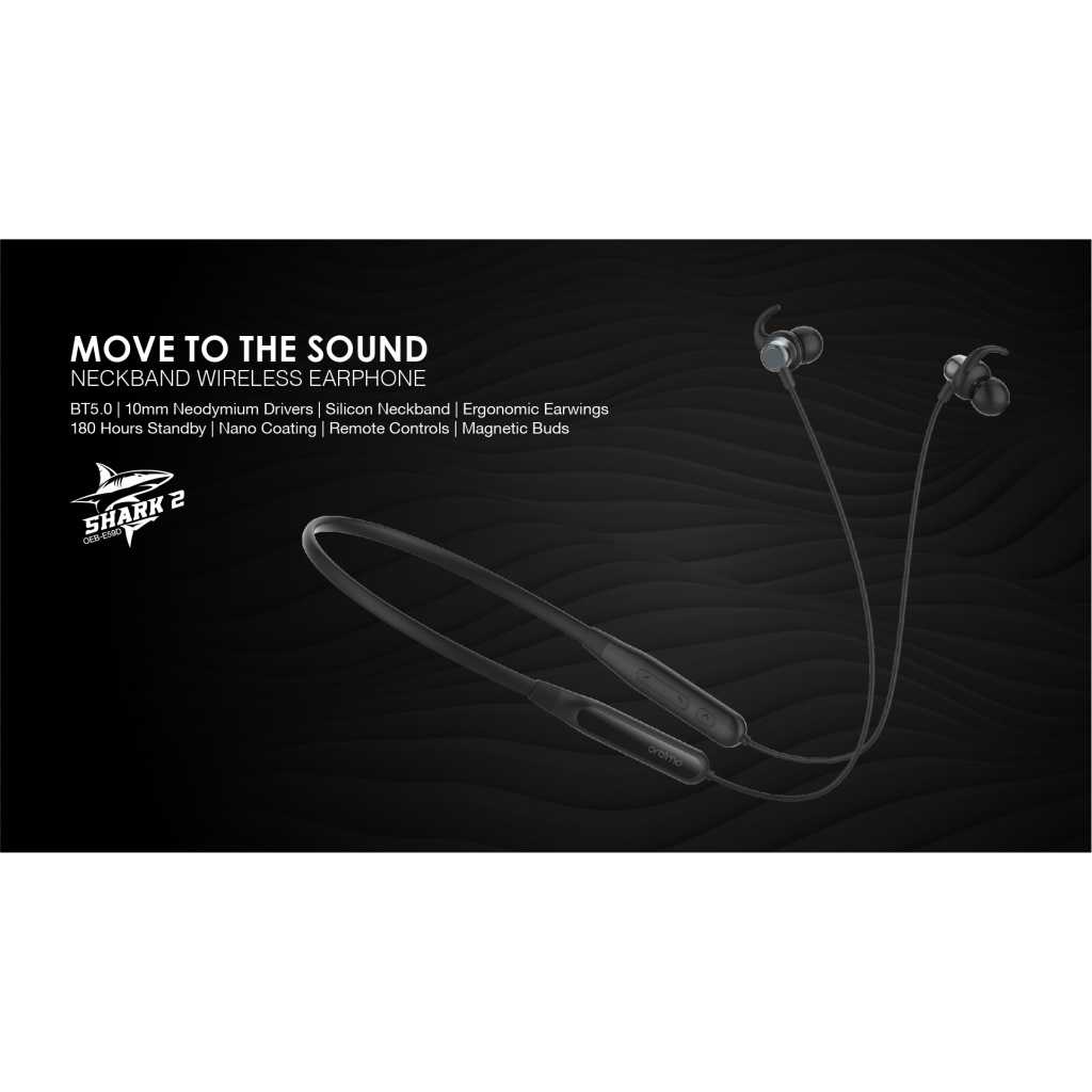 Oraimo Shark 2 Bluetooth Sports Neckband Wireless Headsets With Exta Bass Sound - Black