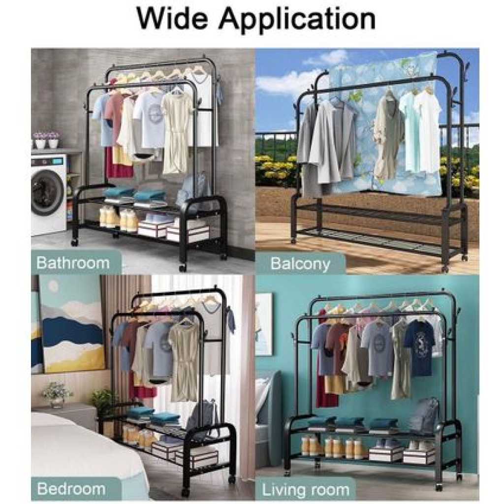 Carbon Steel Double Pole Coat Rack Indoor Bedroom Clothes drying Rail Balcony Hanging Clothes Shoes Rack Standing Storage Organizer With Hooks- Multicolor