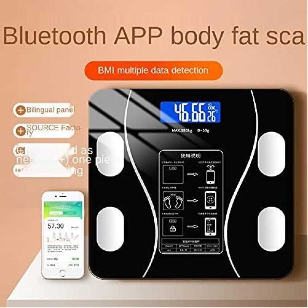 Smart Digital Weighing Scale With Bluetooth and WiFi, USB, Body Fat, BMI (Black), White