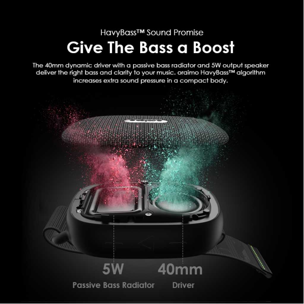 Oraimo Wrap Heavy Bass Strap Design Portable Wireless Speaker OBS-40S, Bluetooth, FM, SC Card, AUX - Black