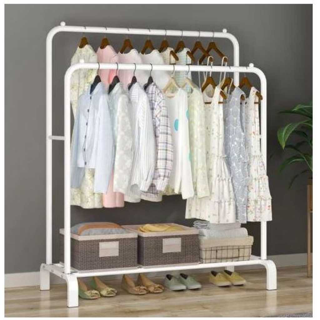 Carbon Steel Double Pole Coat Rack Indoor Bedroom Clothes drying Rail Balcony Hanging Clothes Shoes Rack Standing Storage Organizer With Hooks- Multicolor