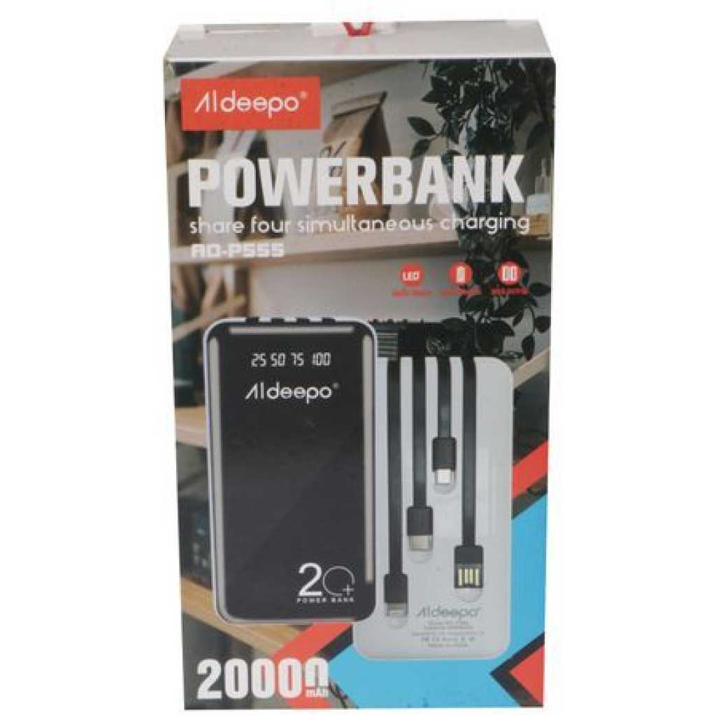 Aldeepo 20,000mAh Digital Display Multi-Cable Fast Charge Power Bank - Black,White