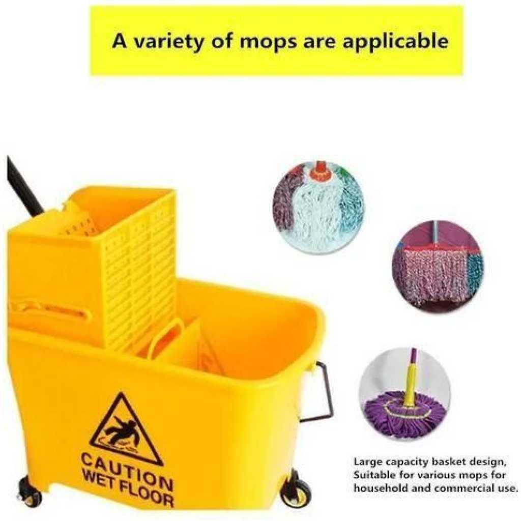 12L Mop Bucket Side Press Wringer Cleaning Commercial Mop Bucket On Wheels (Yellow, Plastic Wheel)