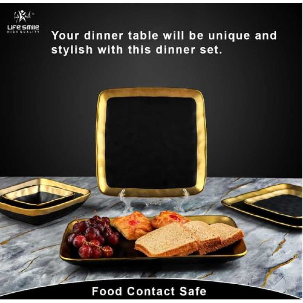 Life Smile 30 Pieces Porcelain Plates Bowls Side plates Dinner Set Microwave Safe Tableware Set Dishwasher Safe dinner serving set for 6 - Black Gold