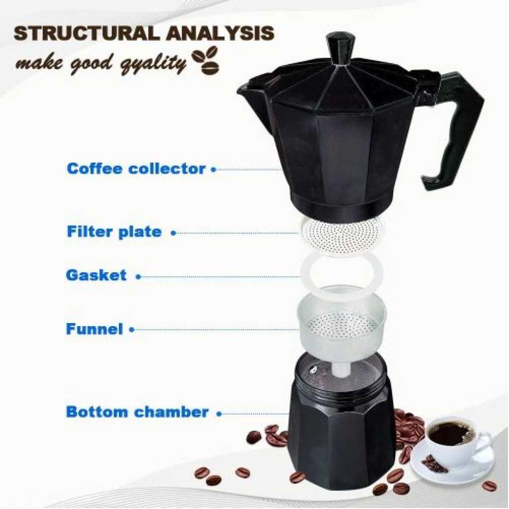 6 Cups Stovetop Espresso Maker, Aluminium Stovetop Coffee Maker Pots, Moka Pot for Classic Espresso, 6 Cup 10 Oz, Moka Pot Italian Coffee Maker for Home and Camping, Comes with 2 rubber rings, Cafetera (Black)