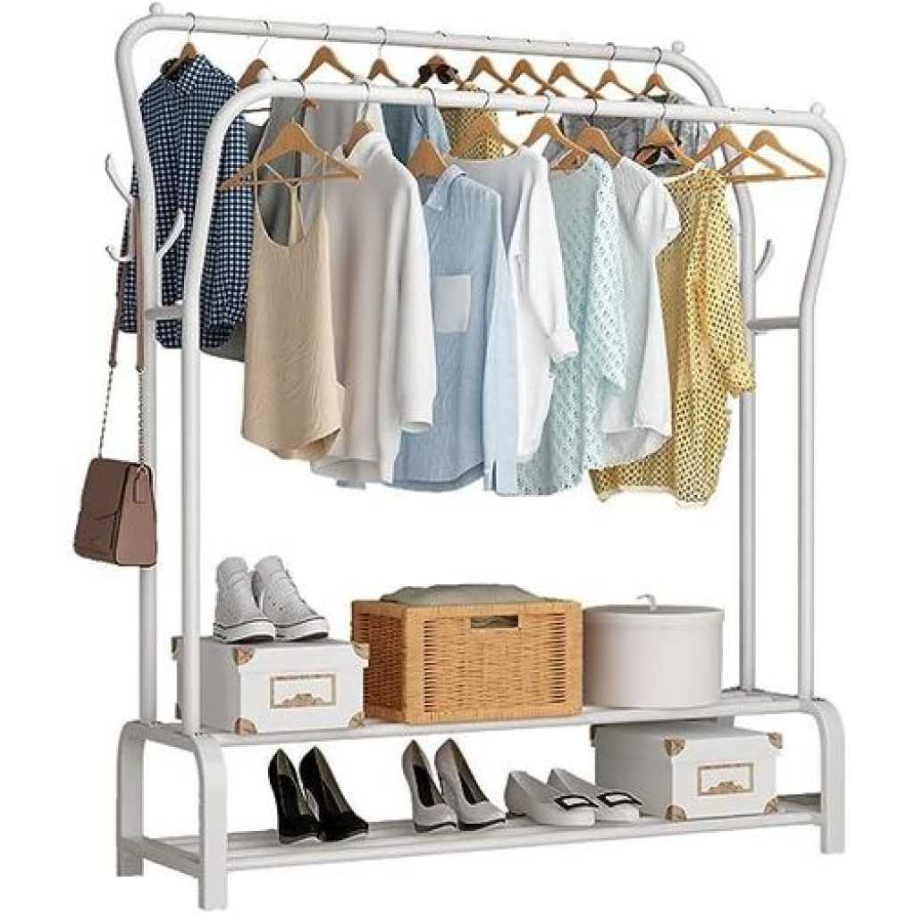 Carbon Steel Double Pole Coat Rack Indoor Bedroom Clothes drying Rail Balcony Hanging Clothes Shoes Rack Standing Storage Organizer With Hooks- Multicolor