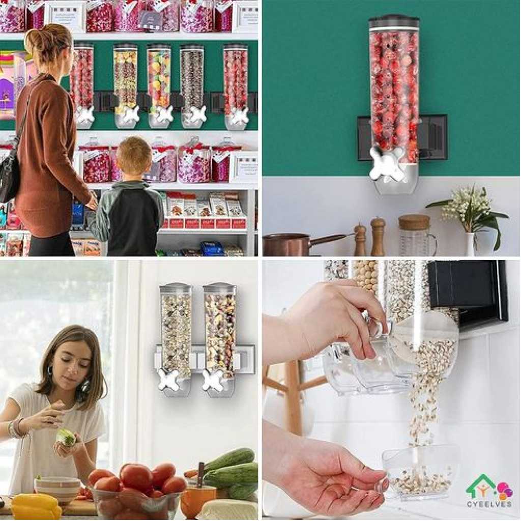 Cereal Dispenser Wall Mounted, Triple Dry Food Dispensers, Grain Dispenser Wall Mount Candy Dispenser, Snack Dispenser for Store Oatmeal Coffee Bean Nuts, Wall Kitchen Food Container with 3 Cups, 4.5L- Clear