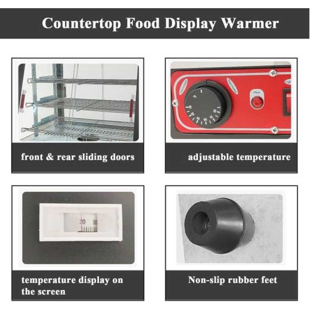 66*45*68CM Countertop Food Warmer Display Case 3 Shelf Hot Warming Showcase with Front and Back Sliding Door and Water Tray- Black