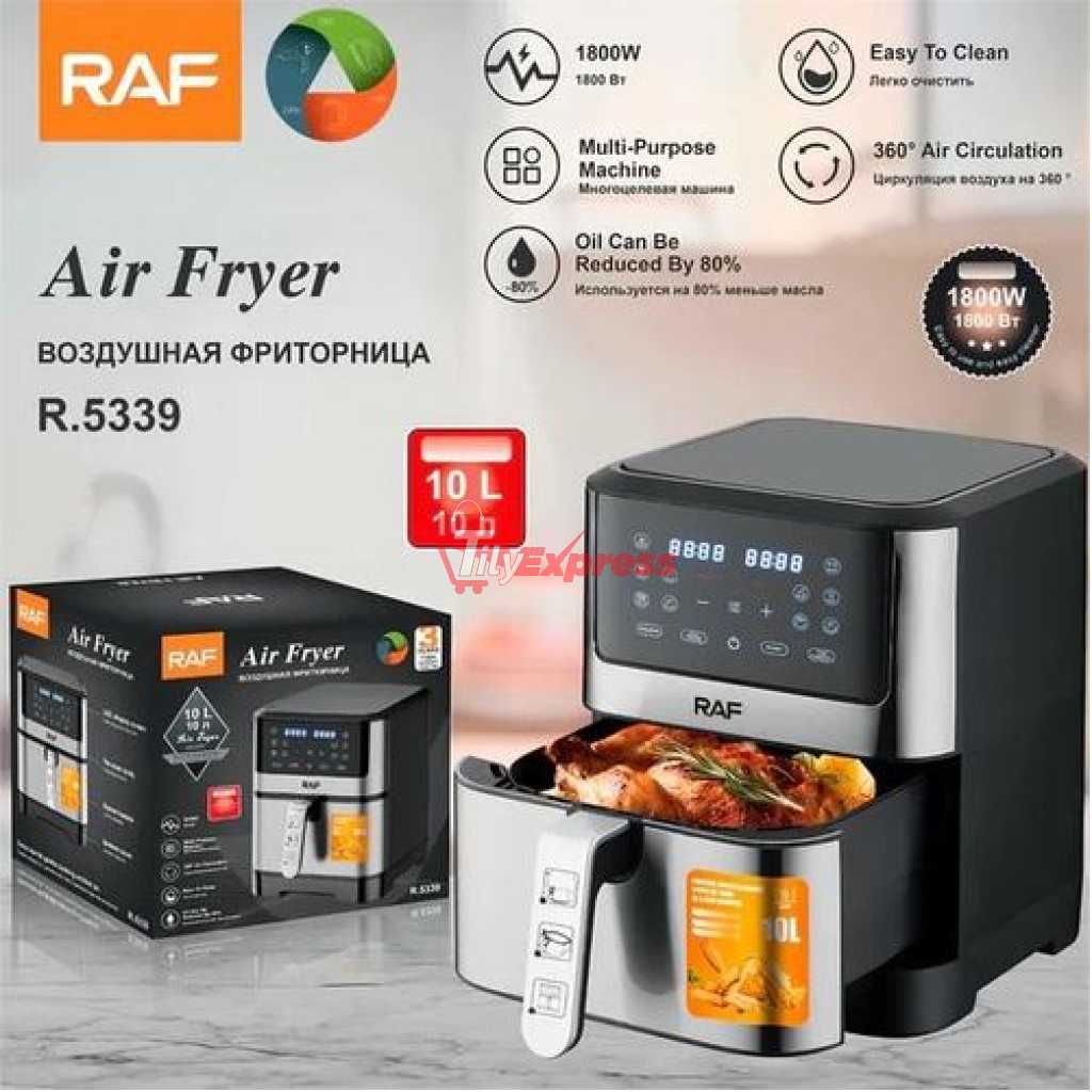 RAF 10L New Digital Touch Screen Stainless Steel Air Fryer-Black/silver