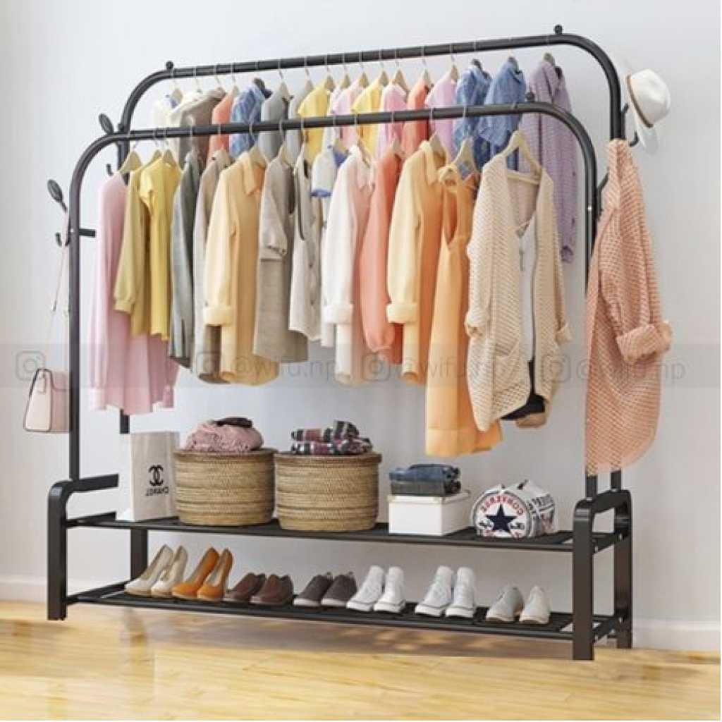 Carbon Steel Double Pole Coat Rack Indoor Bedroom Clothes drying Rail Balcony Hanging Clothes Shoes Rack Standing Storage Organizer With Hooks- Multicolor