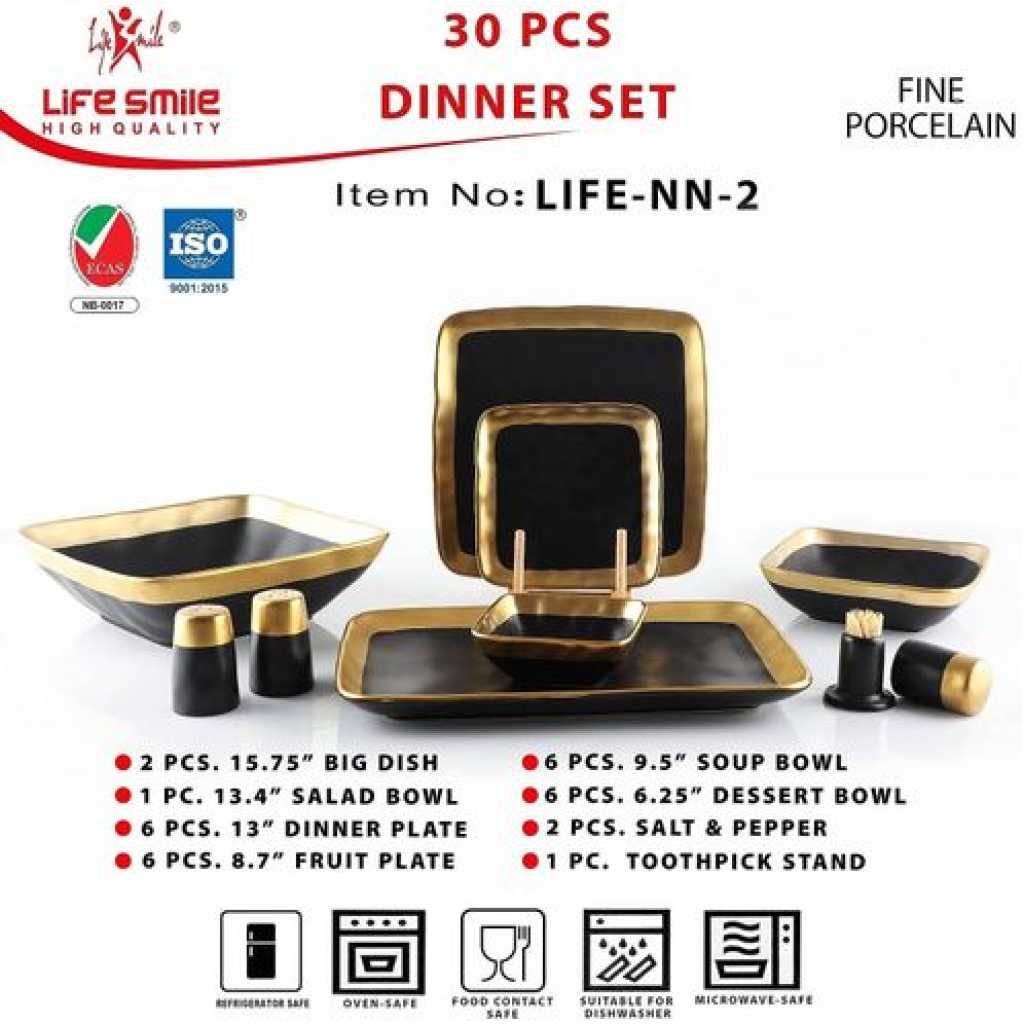 Life Smile 30 Pieces Porcelain Plates Bowls Side plates Dinner Set Microwave Safe Tableware Set Dishwasher Safe dinner serving set for 6 - Black Gold