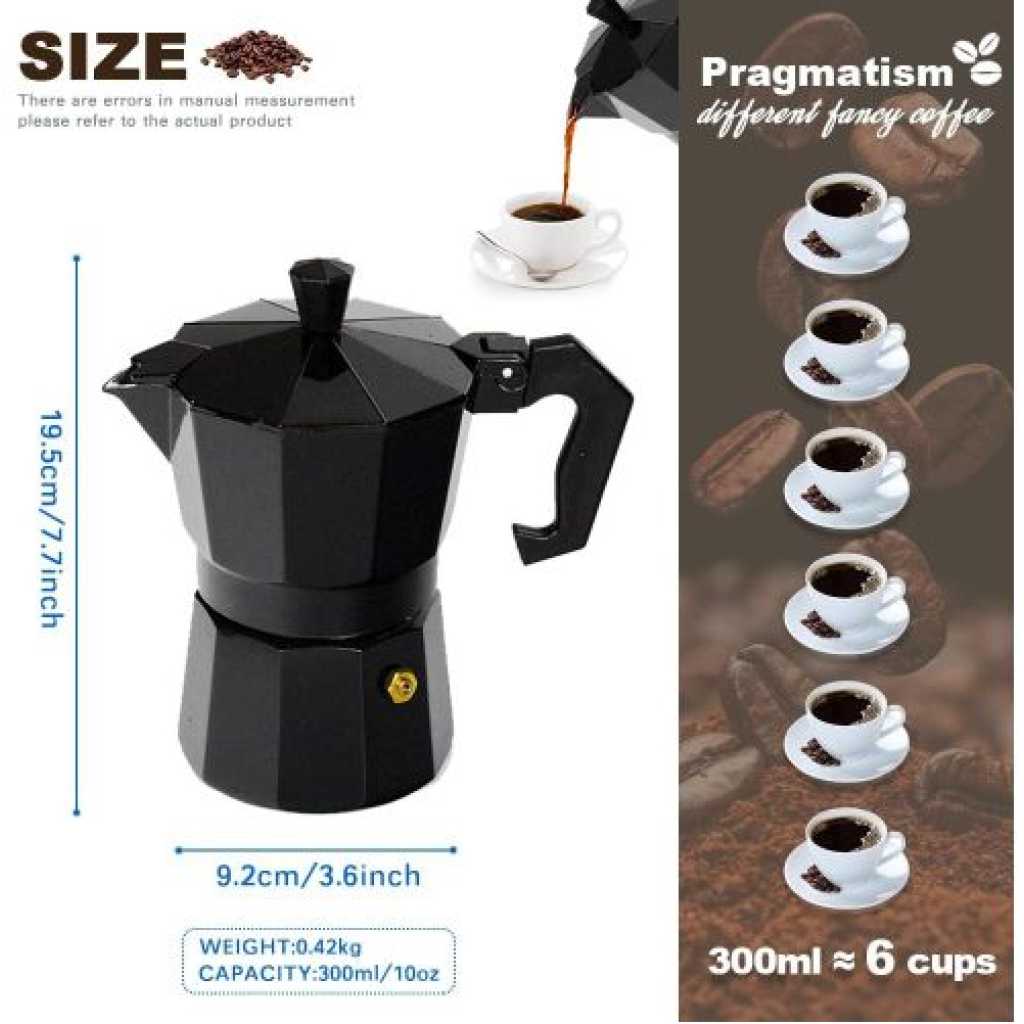 6 Cups Stovetop Espresso Maker, Aluminium Stovetop Coffee Maker Pots, Moka Pot for Classic Espresso, 6 Cup 10 Oz, Moka Pot Italian Coffee Maker for Home and Camping, Comes with 2 rubber rings, Cafetera (Black)