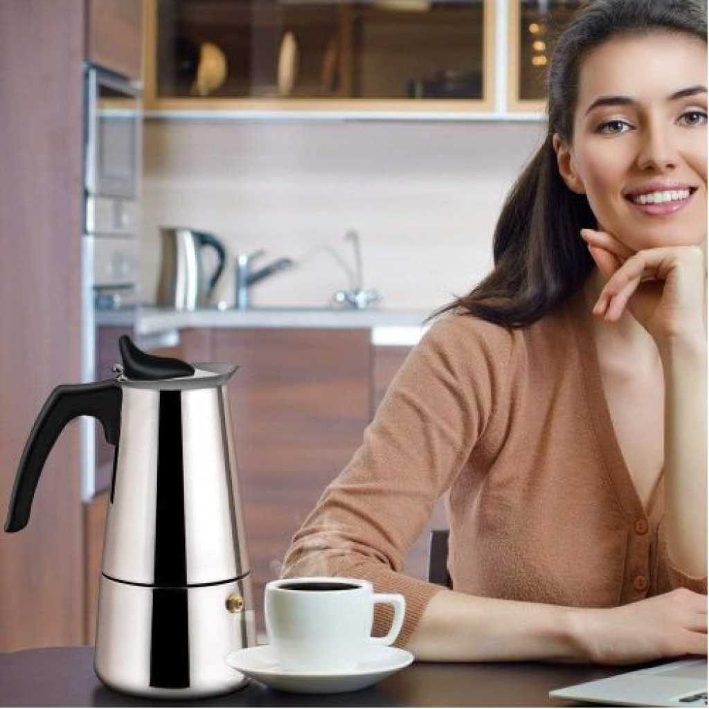 9 Cups Moka Pot Large Capacity Stainless Steel 304 Moka Pot Coffee Maker Stovetop Espresso Maker Coffee 450ML- Siliver