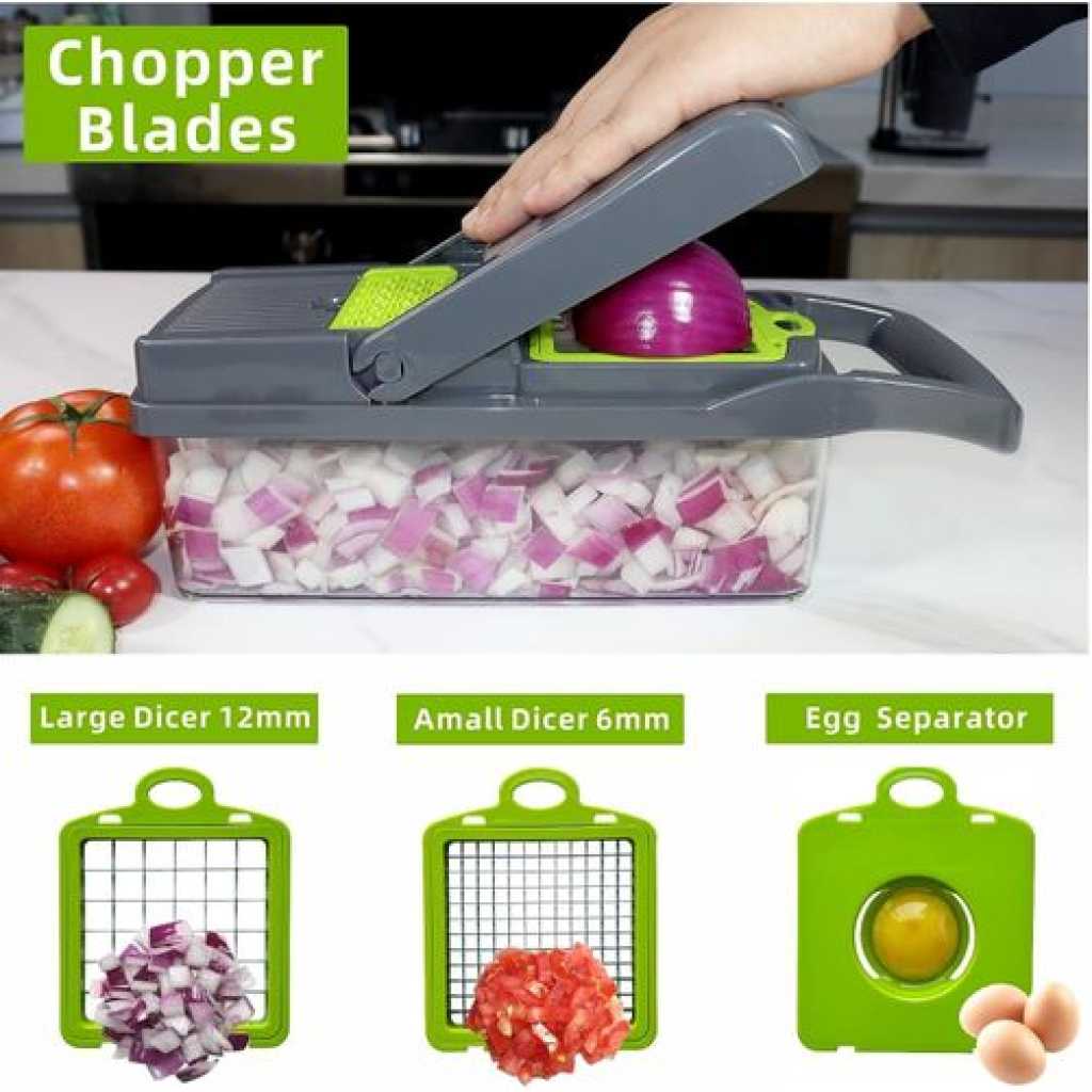 12 In 1 Vegetable Cutter Chopper Food Onion Slicer Dicer Kitchen Tool With Interchangable Blades- Multi-colour