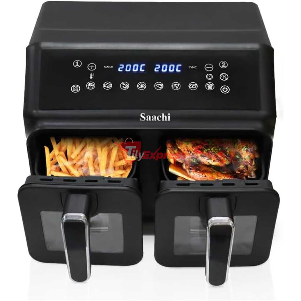 Saachi 10L Digital Air Fryer NL-AF-4784D; 2 5L Independent Buskets, 8 Preset Cooking Functions, 60 Mins Timer, LED Digital Display Screen - Black