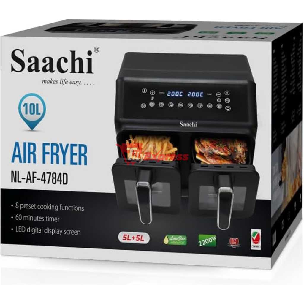 Saachi 10L Digital Air Fryer NL-AF-4784D; 2 5L Independent Buskets, 8 Preset Cooking Functions, 60 Mins Timer, LED Digital Display Screen - Black