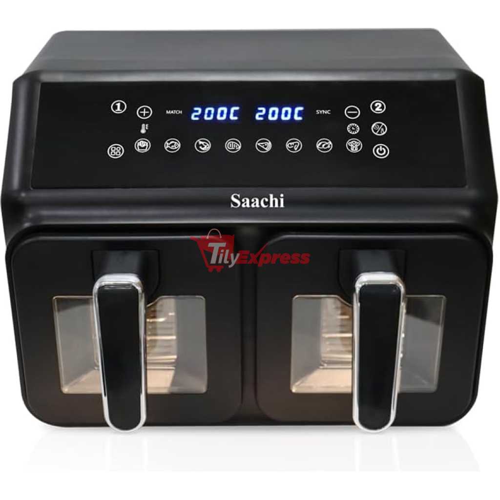Saachi 10L Digital Air Fryer NL-AF-4784D; 2 5L Independent Buskets, 8 Preset Cooking Functions, 60 Mins Timer, LED Digital Display Screen - Black