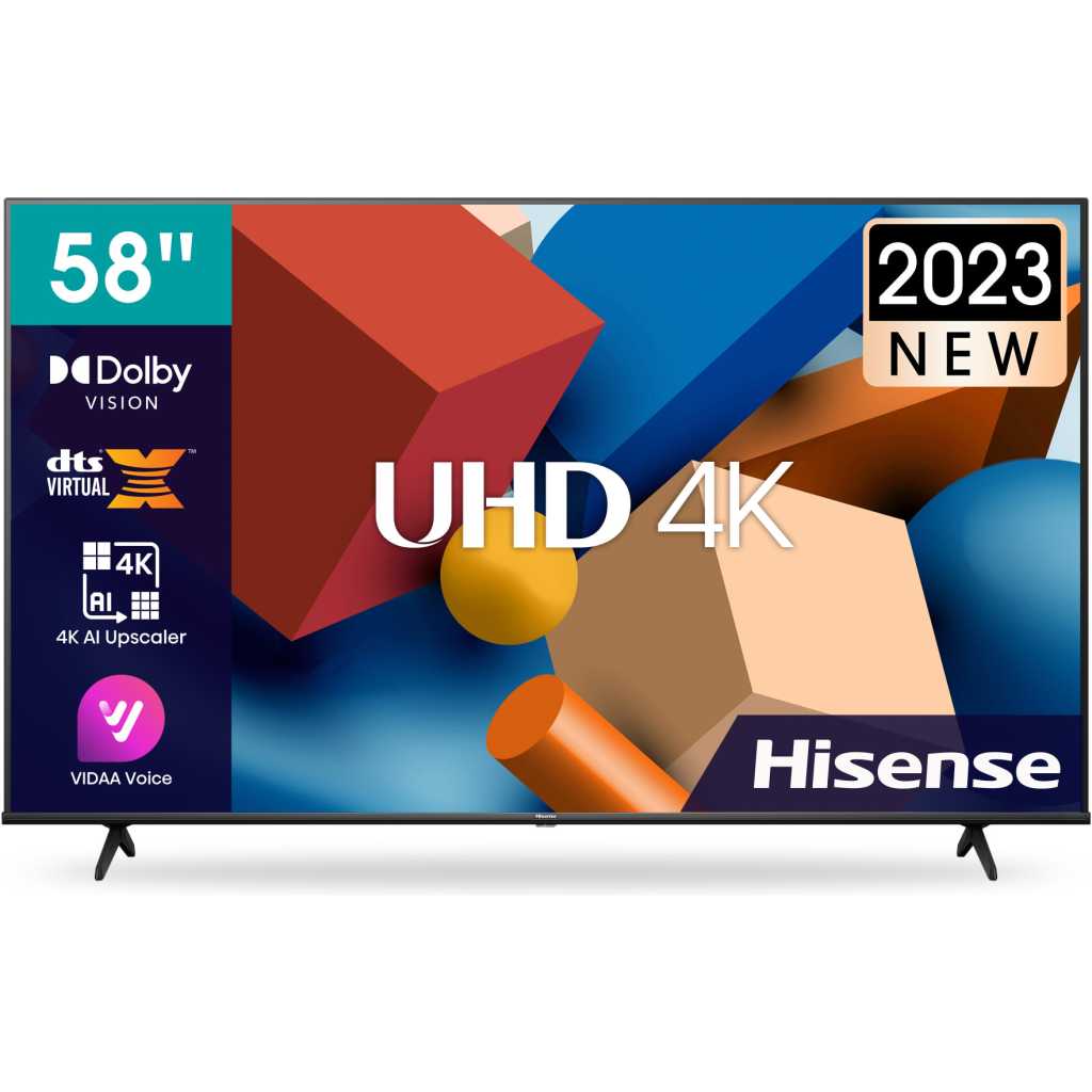 Hisense 58 - Inch 4K Ultra HD VIDAA Smart TV 58A6KS (2023), Airplay 2, AI 4K Upscaler, Dolby Vision, With In-Built Free To Air Decoder, Bluetooth, HDMI, Chromecast, USB, Netflix, Youtube - Black
