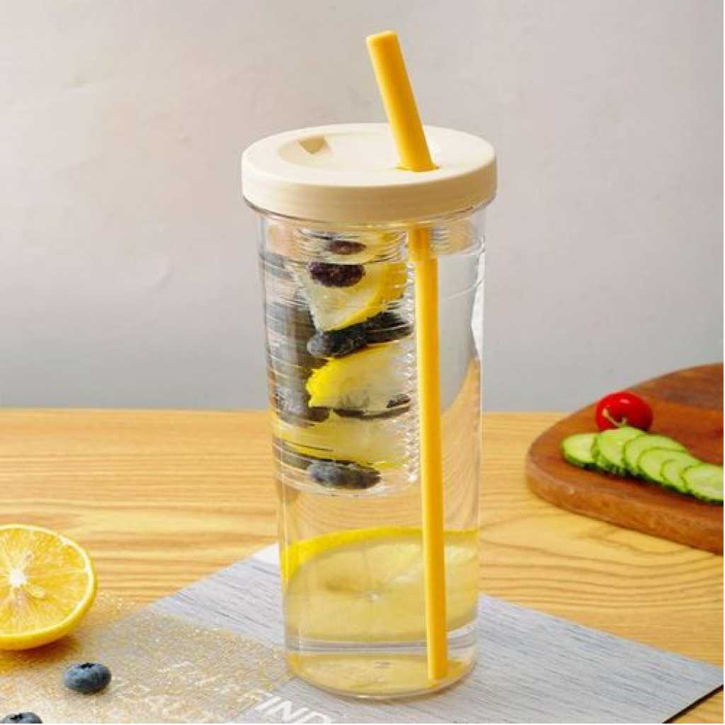 1 Piece Of Folding Straw Cup With Lid Transparent Reusable Tumbler Plastic Juice Milk Water Coffee Leakproof Plastic Cold Portable Juice Cup Lemon Filter Cute Drinking Bottle