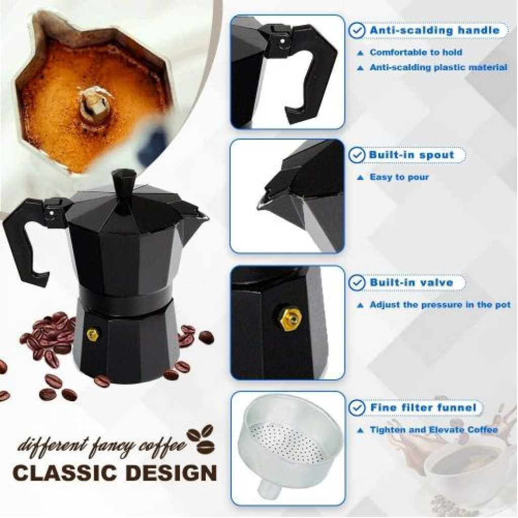 6 Cups Stovetop Espresso Maker, Aluminium Stovetop Coffee Maker Pots, Moka Pot for Classic Espresso, 6 Cup 10 Oz, Moka Pot Italian Coffee Maker for Home and Camping, Comes with 2 rubber rings, Cafetera (Black)