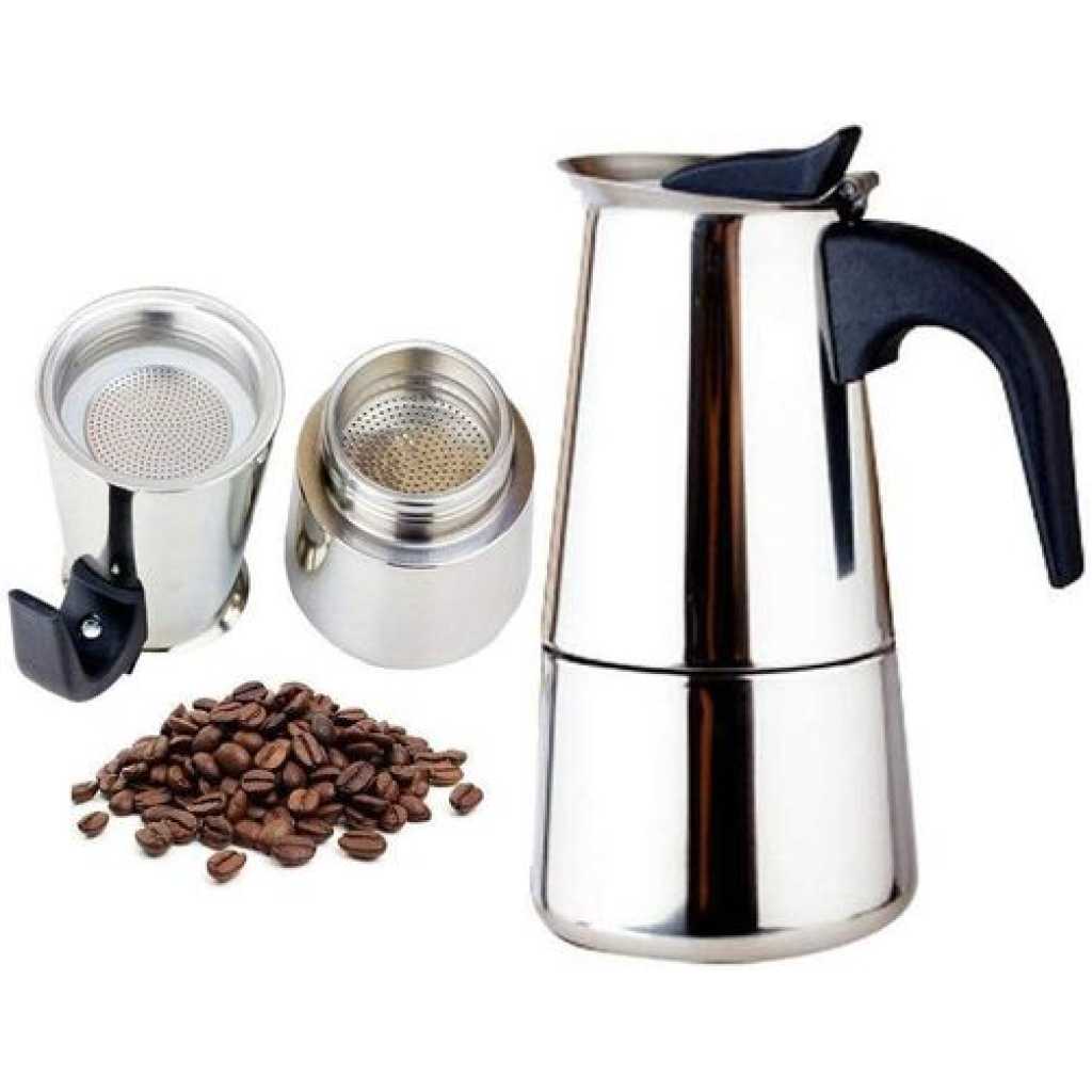 9 Cups Moka Pot Large Capacity Stainless Steel 304 Moka Pot Coffee Maker Stovetop Espresso Maker Coffee 450ML- Siliver