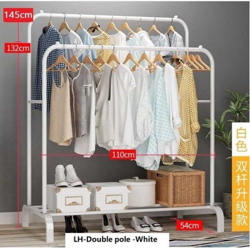 Carbon Steel Double Pole Coat Rack Indoor Bedroom Clothes drying Rail Balcony Hanging Clothes Shoes Rack Standing Storage Organizer With Hooks- Multicolor