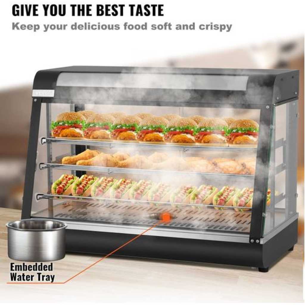 66*45*68CM Countertop Food Warmer Display Case 3 Shelf Hot Warming Showcase with Front and Back Sliding Door and Water Tray- Black