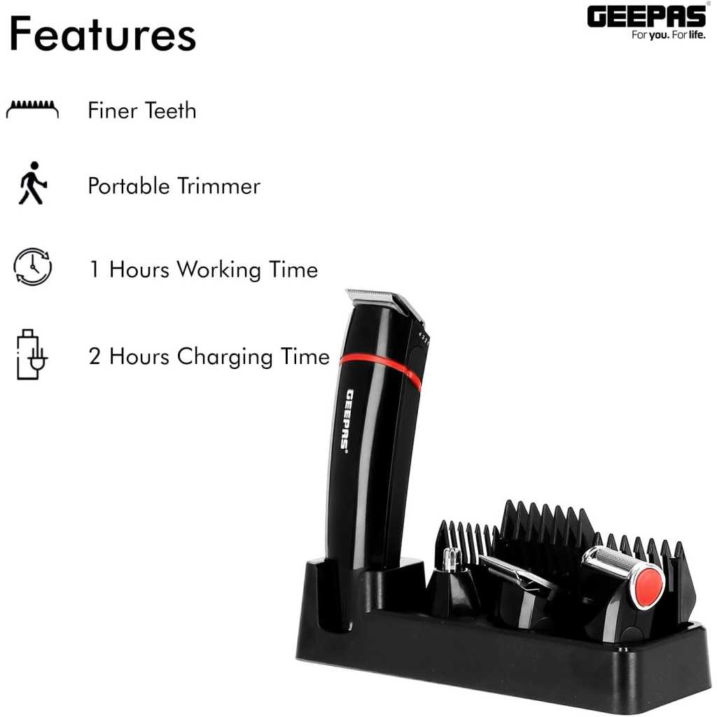 Geepas Rechargeable Trimmer for Men - GTR8128N, Electric Hair Shaver, Hair Clipper - Black