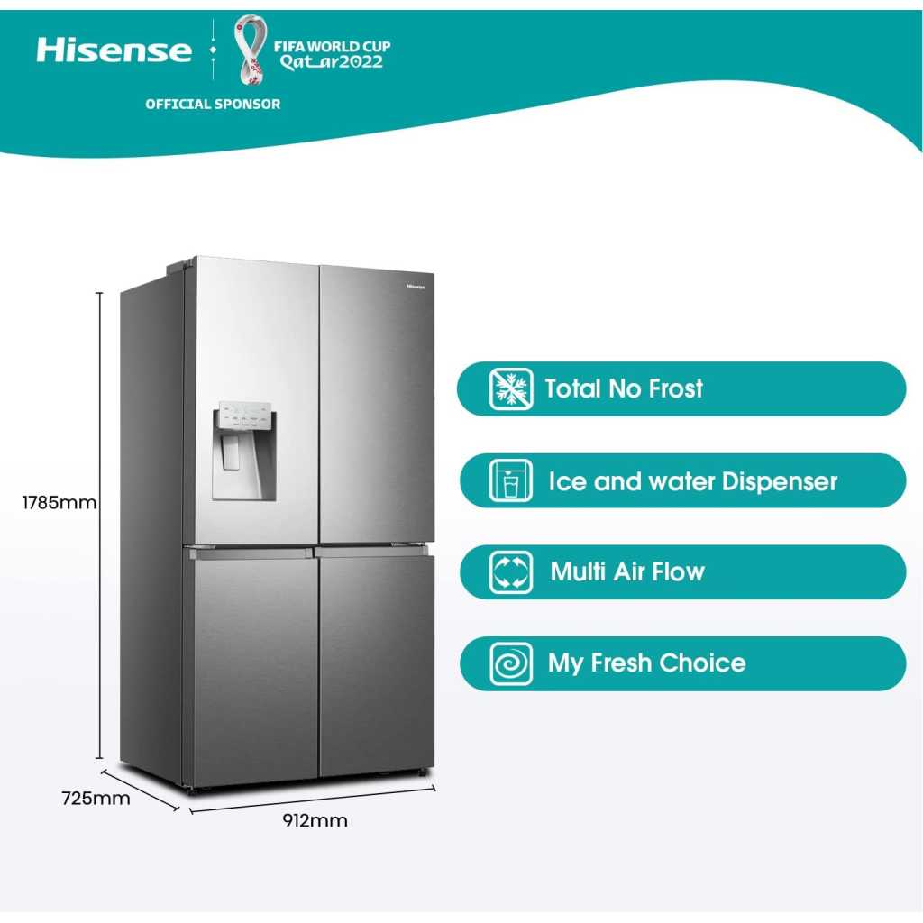 Hisense 730-Litre French Door Side by Side Fridge RC-73WC4SW1; With Ice & Water Dispenser, Frost Free Refrigerator - Silver