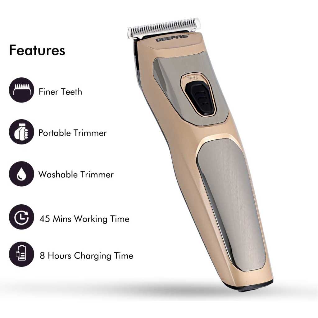 Geepas GTR56023 Rechargeable Hair Clipper Precise Beard Styler With Fine Steel Head - Pack of 1, Small, Gold