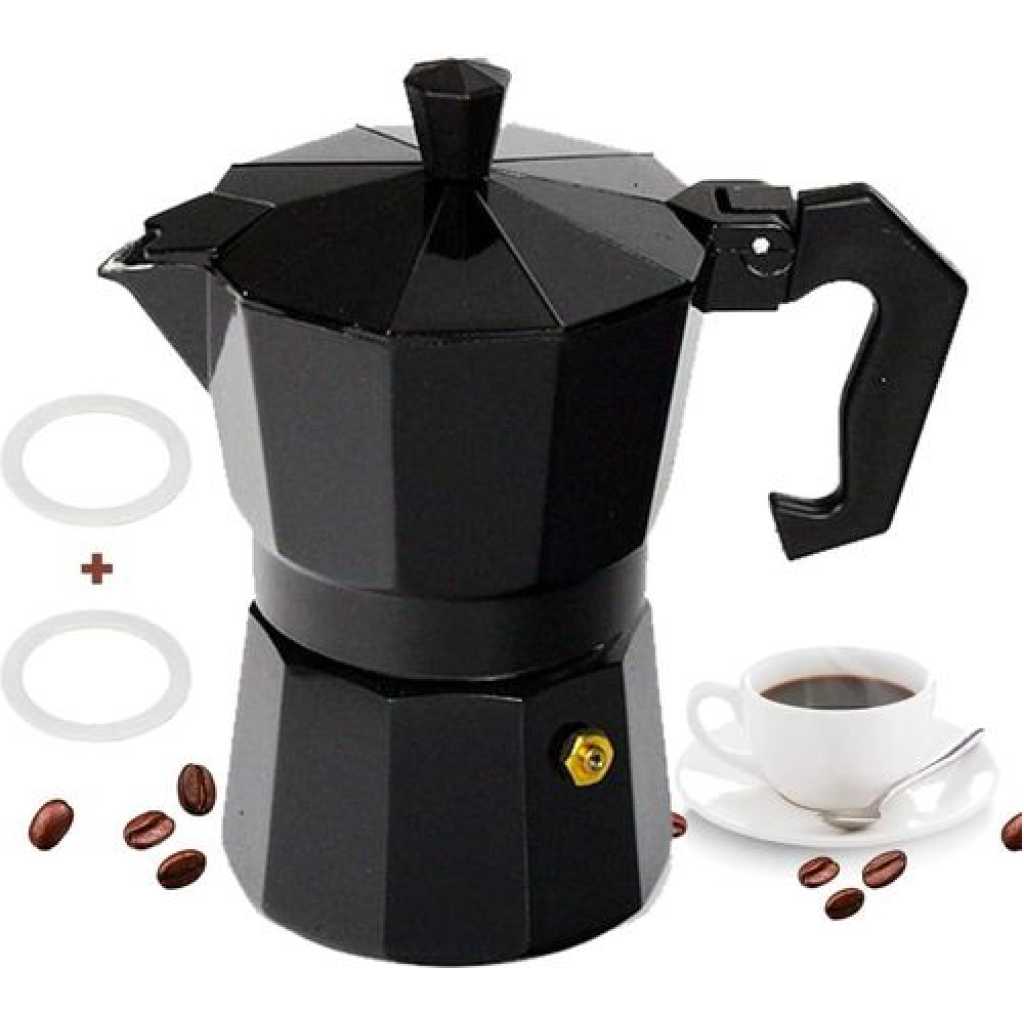 6 Cups Stovetop Espresso Maker, Aluminium Stovetop Coffee Maker Pots, Moka Pot for Classic Espresso, 6 Cup 10 Oz, Moka Pot Italian Coffee Maker for Home and Camping, Comes with 2 rubber rings, Cafetera (Black)