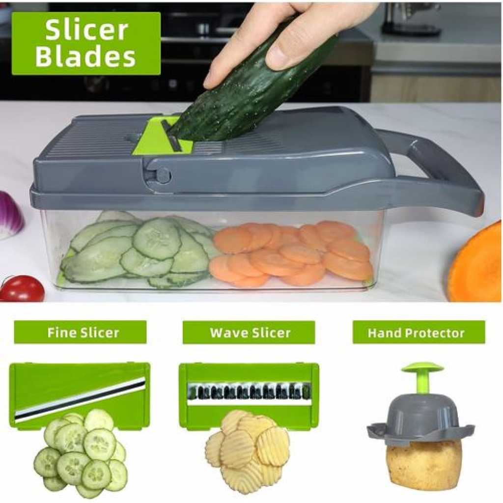 12 In 1 Vegetable Cutter Chopper Food Onion Slicer Dicer Kitchen Tool With Interchangable Blades- Multi-colour