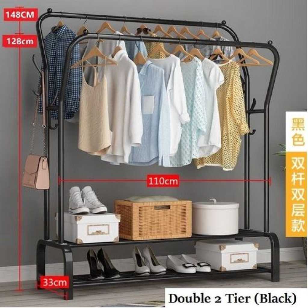 Carbon Steel Double Pole Coat Rack Indoor Bedroom Clothes drying Rail Balcony Hanging Clothes Shoes Rack Standing Storage Organizer With Hooks- Multicolor