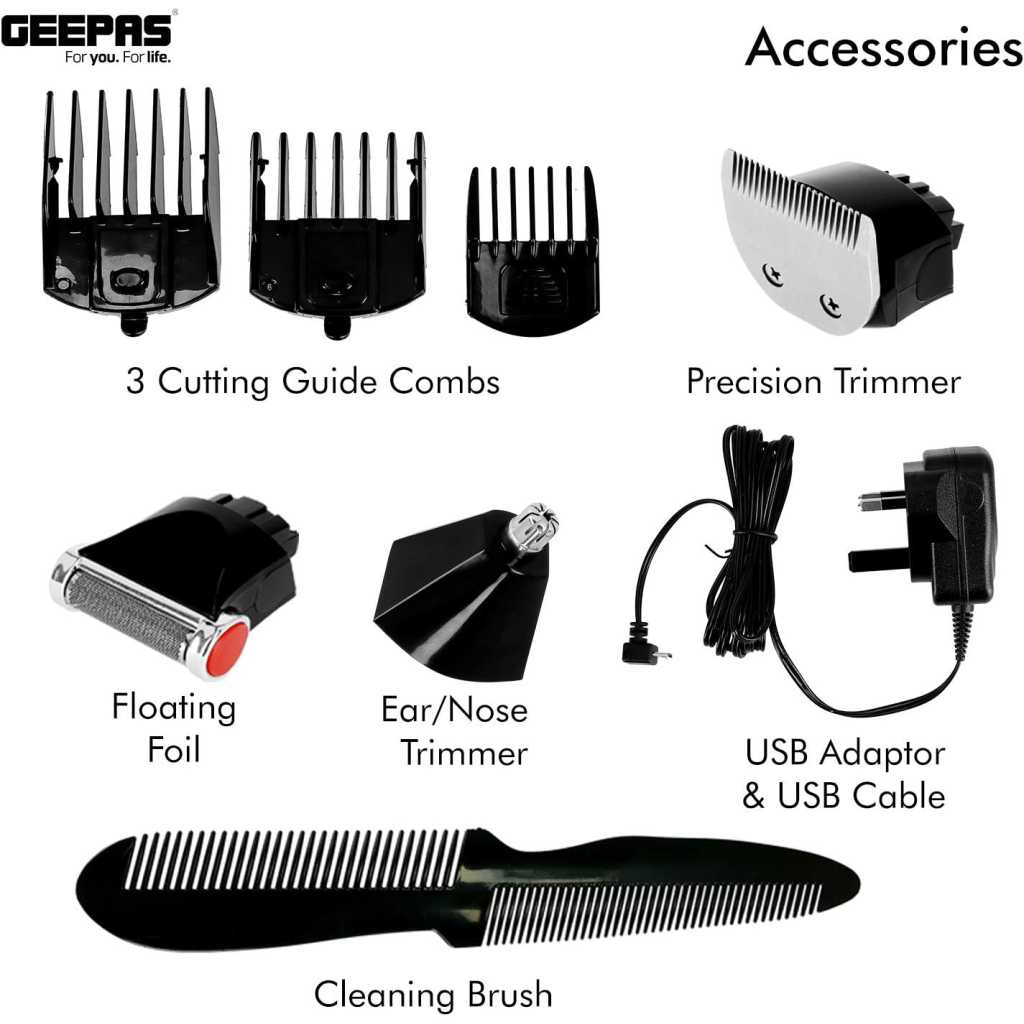 Geepas Rechargeable Trimmer for Men - GTR8128N, Electric Hair Shaver, Hair Clipper - Black