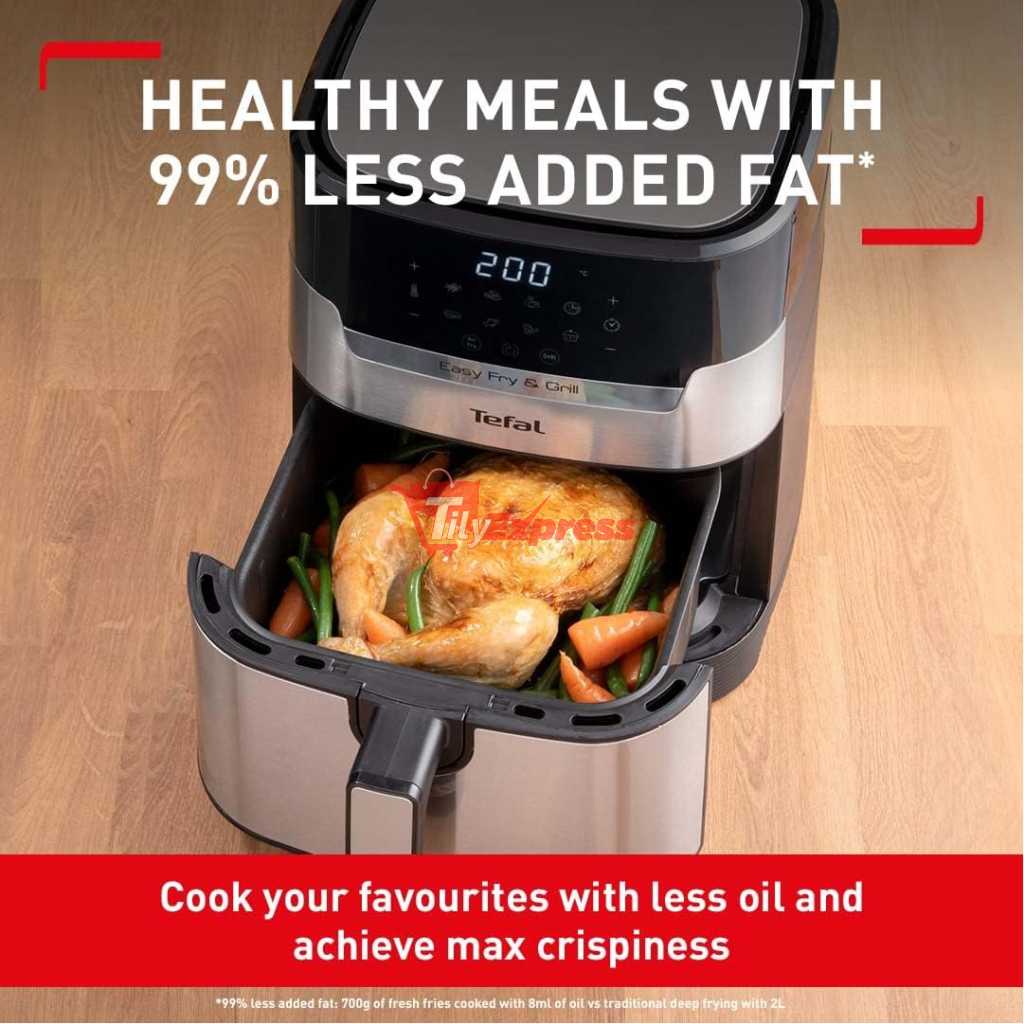 Tefal 4.2L Easy Fry Precision+ 2-in-1 Digital Air Fryer and Grill; 8 Programs inc Dehydrator Stainless Steel EY505D, 1550W