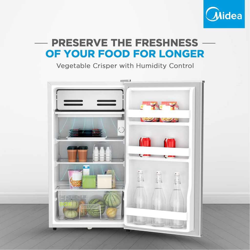 Midea 120-Litre Fridge MDRD133FGE; (Net 85L), Single Door Refrigerator with Separate Chiller Compartment 2L Bottle Holder, Adjustable Legs, Mini Fridge for Kitchen, Bedroom, Office & Bar