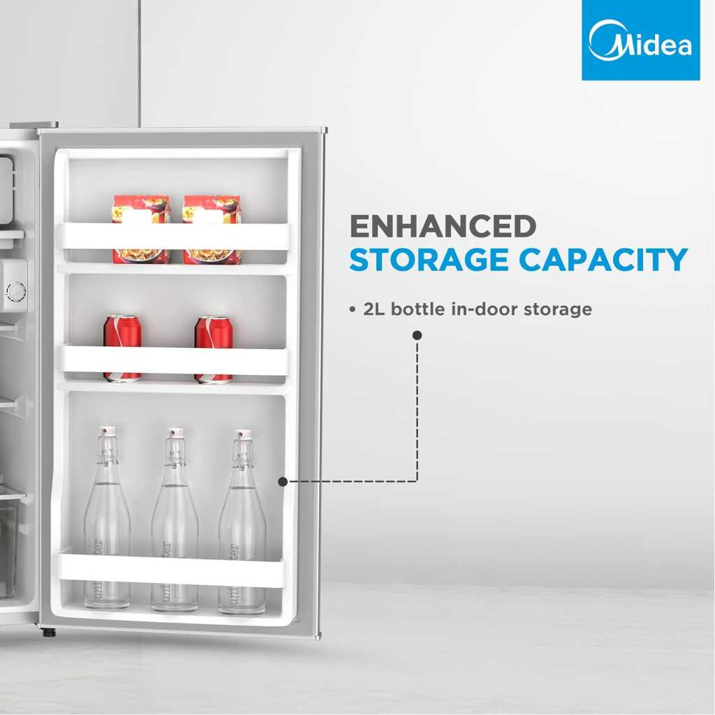 Midea 120-Litre Fridge MDRD133FGE; (Net 85L), Single Door Refrigerator with Separate Chiller Compartment 2L Bottle Holder, Adjustable Legs, Mini Fridge for Kitchen, Bedroom, Office & Bar