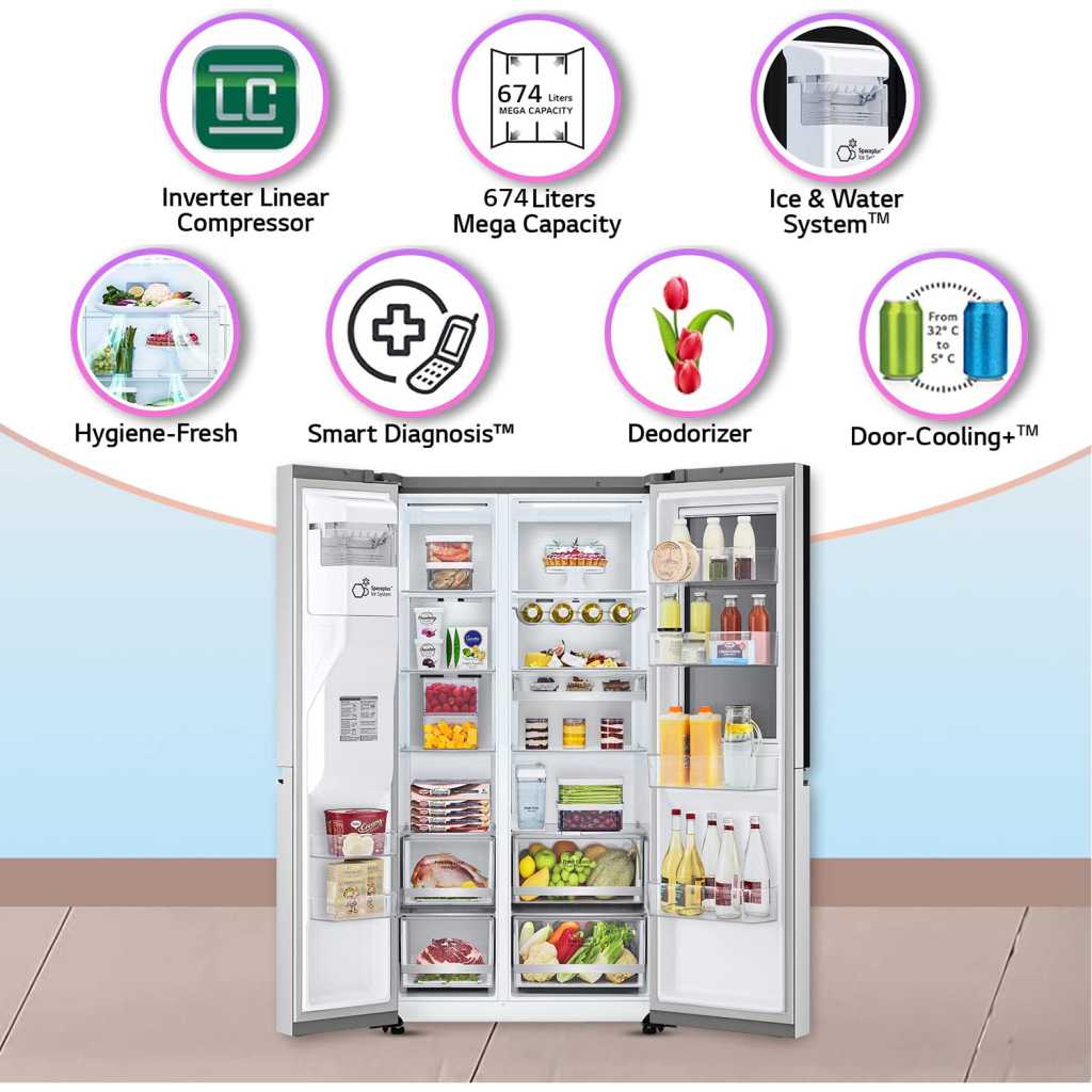LG 674 L Frost-Free Inverter Linear Compressor Wi-Fi Side-By-Side Refrigerator, Knock Twice, See Inside (GC-X257CSES, Noble Steel, Door Cooling+, Hygiene Fresh+, Water and Ice Dispenser with UV Nano