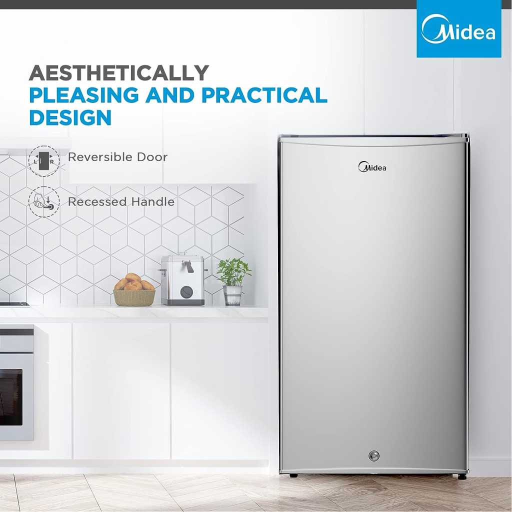 Midea 120-Litre Fridge MDRD133FGE; (Net 85L), Single Door Refrigerator with Separate Chiller Compartment 2L Bottle Holder, Adjustable Legs, Mini Fridge for Kitchen, Bedroom, Office & Bar