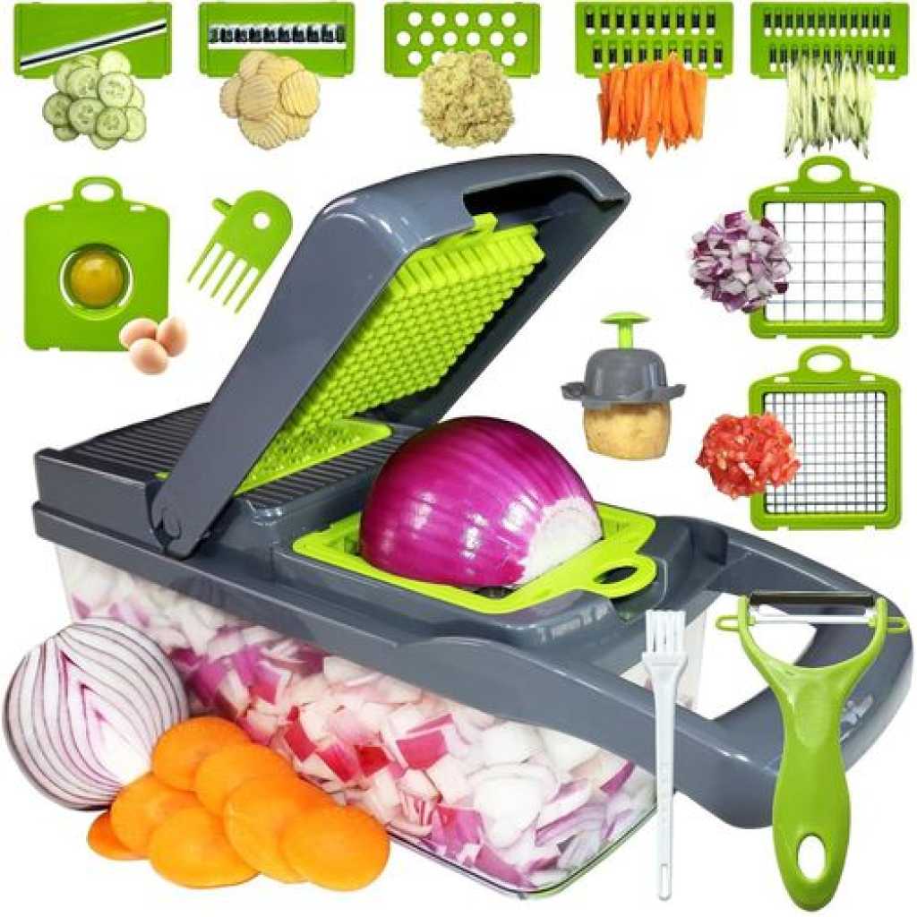 12 In 1 Vegetable Cutter Chopper Food Onion Slicer Dicer Kitchen Tool With Interchangable Blades- Multi-colour