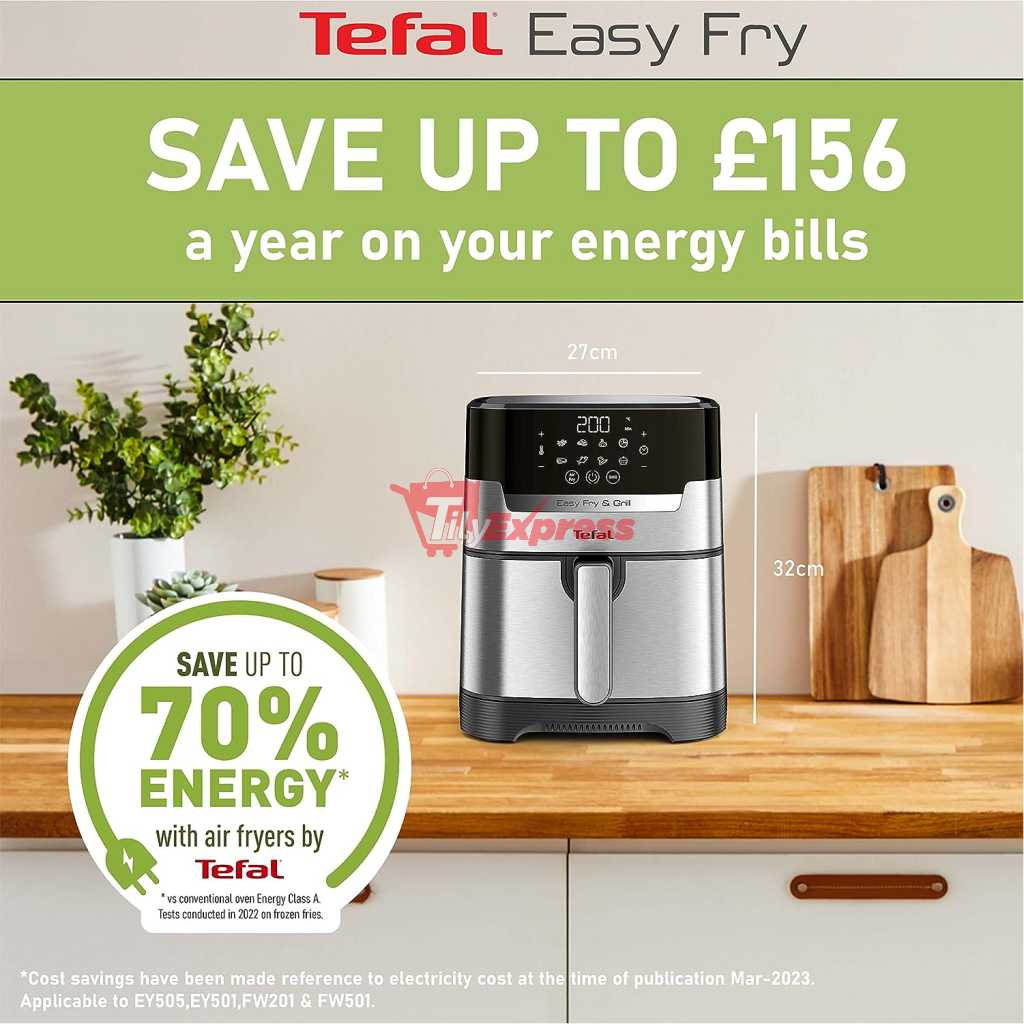 Tefal 4.2L Easy Fry Precision+ 2-in-1 Digital Air Fryer and Grill; 8 Programs inc Dehydrator Stainless Steel EY505D, 1550W