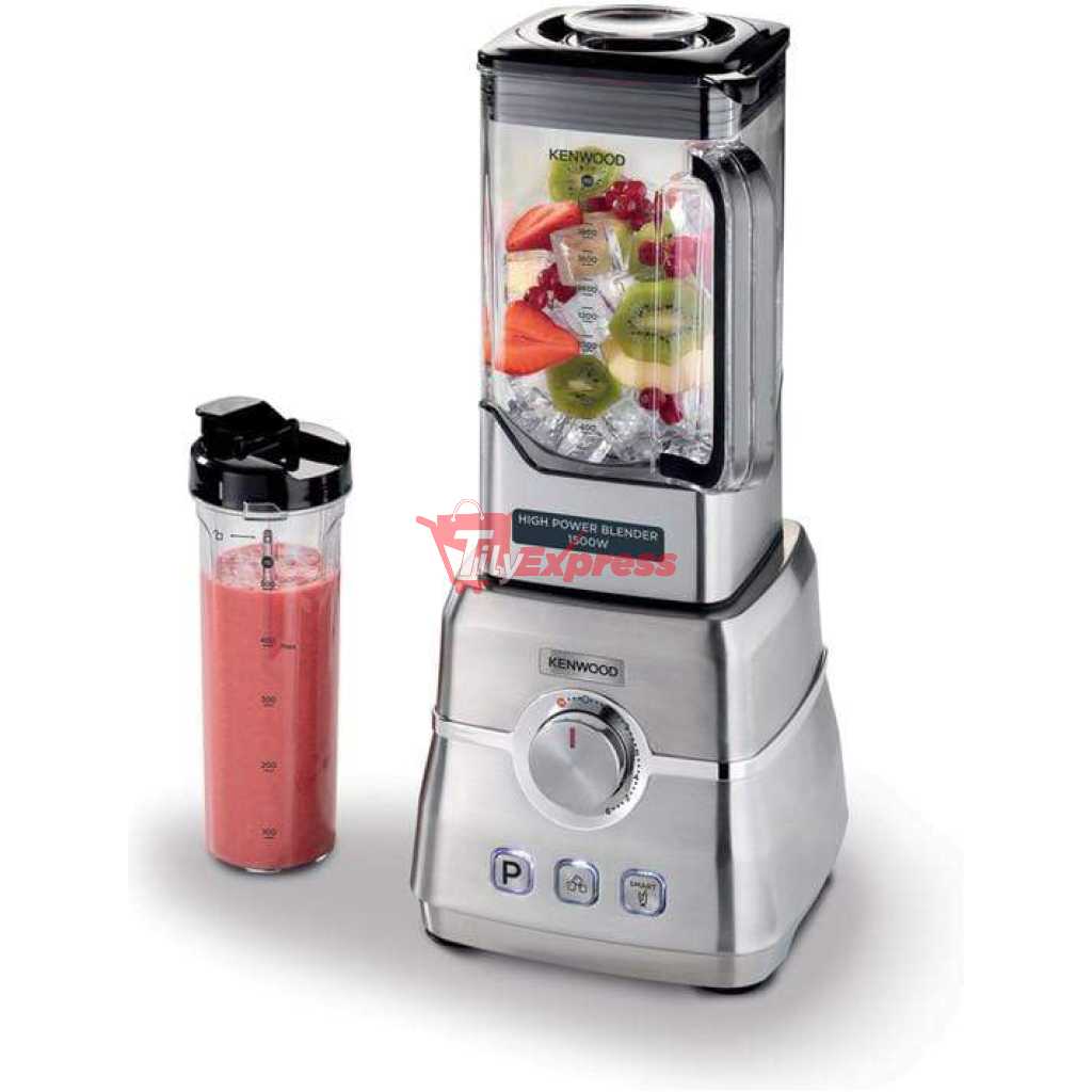 Kenwood Premium Power Blender 1500W Smoothie Blender With 2L Tritan Jar, 500ML Smoothie2Go Bottle & Lid, Blender Tamper/Food Presser, 6 Speed + 3 Preset Programs, Ice Crush Function BLM91.640S - Silver